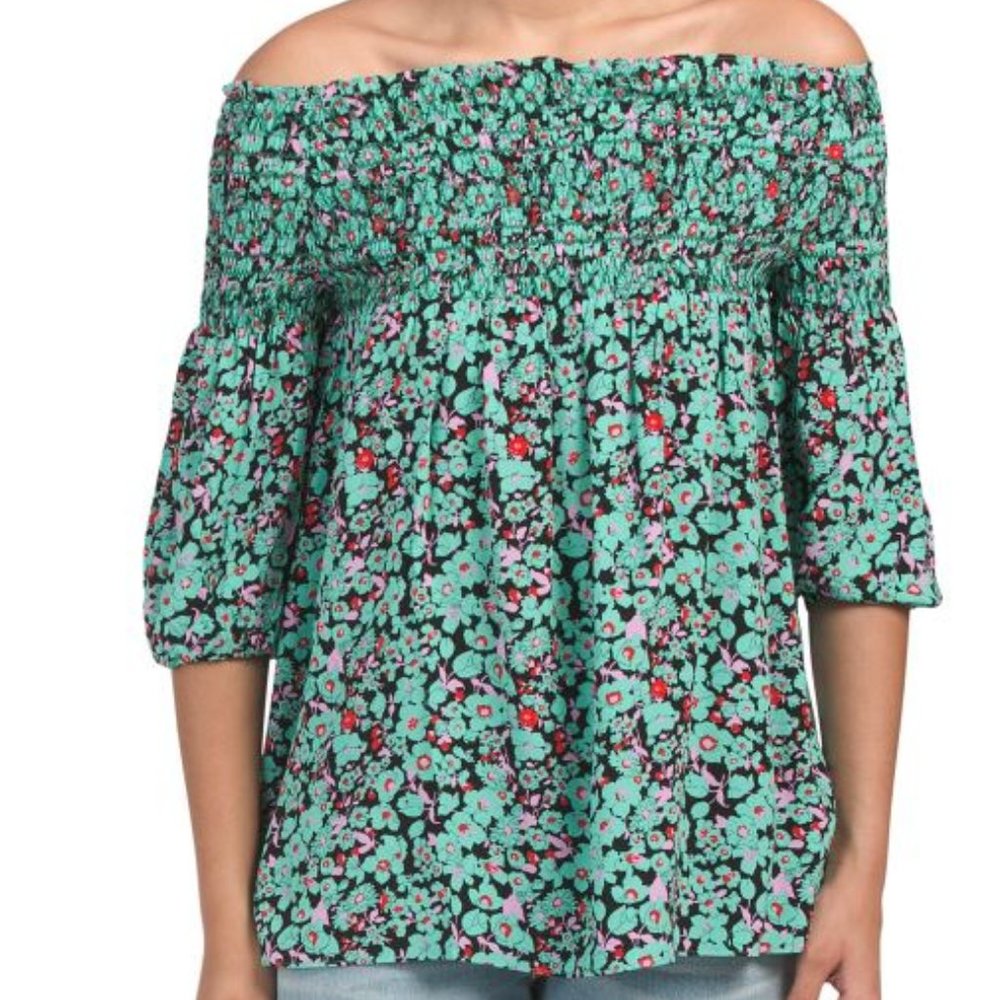 Maje Lafine Off-the-Shoulder Floral Smocked Top NWT